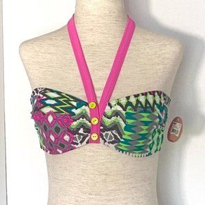 So Bikini Swimsuit Halter Top Juniors Sz M Aztec Tribal Neon Pink Green Button